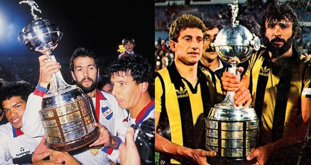 O times uruguaios Nacional (esquerda) e Peñarol (direita) foram os vencedores da Copa Libertadores da América em 1980 e 1982